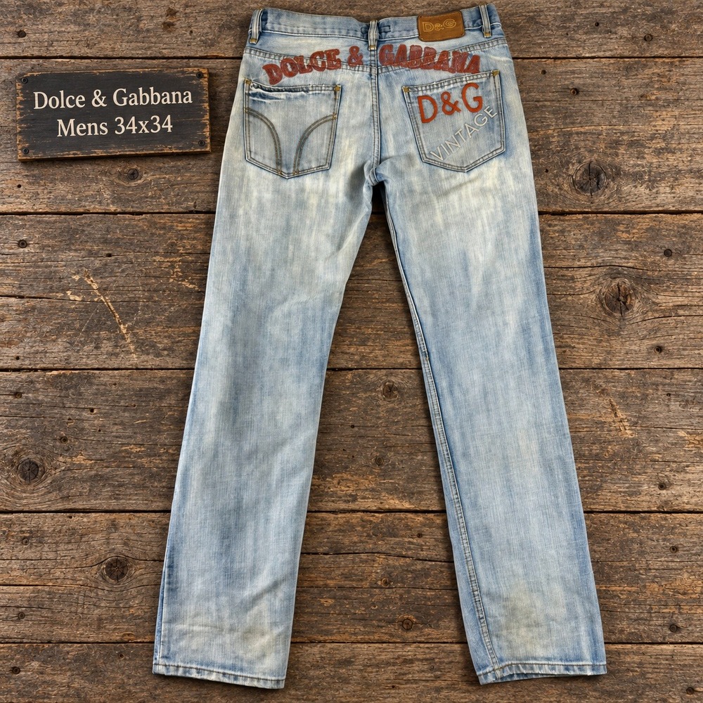 Dolce & Gabbana Vintage Mens 34x34 Light Wash Embroidered Logo Straight Jeans